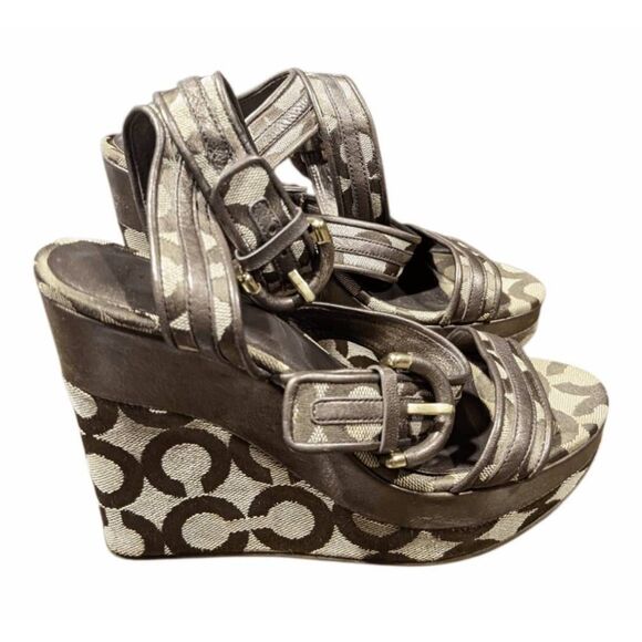 COACH Maralee Brown Signature Ankle Strap Wedge Sandal Size 5.5B - Picture 2 of 10